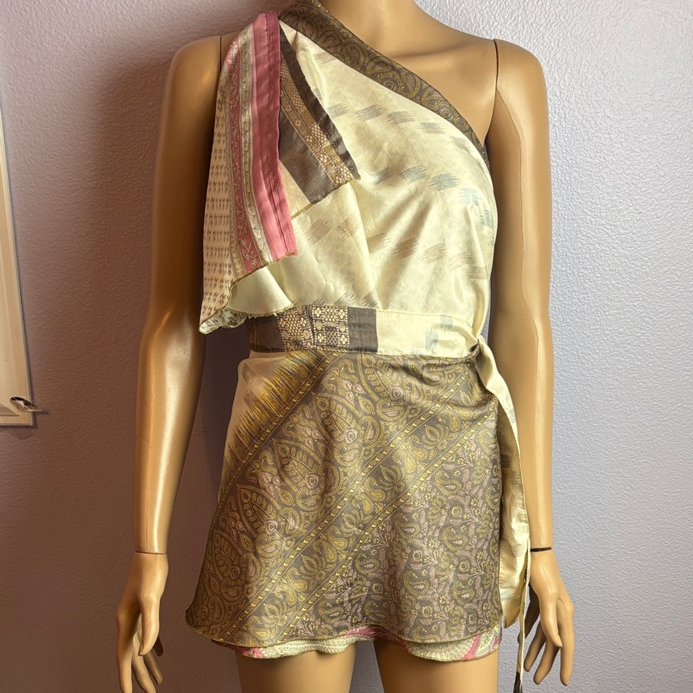 Cream, Rose and Gray Two Layered Silk Wraparound Skirt Up-cycle Saree